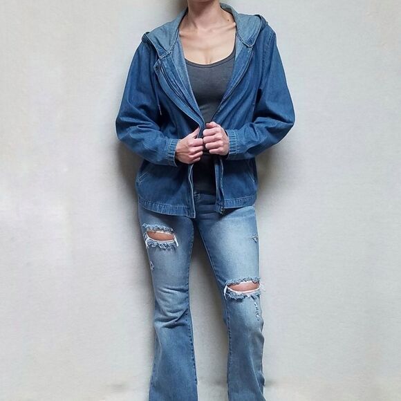 VINTAGE 1990s Sag Harbor Stone Wash Full-zip Hooded Denim Shacket Jacket Medium - Picture 2 of 16
